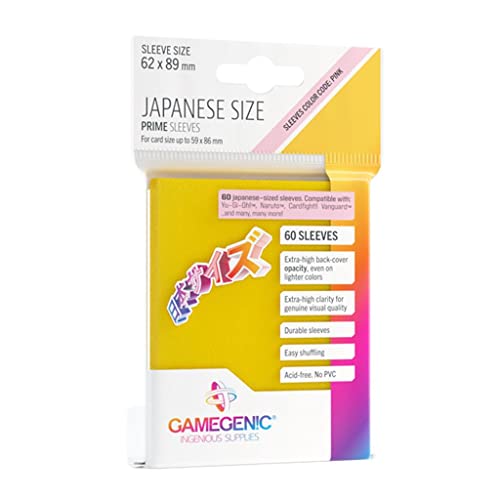 4251715411605 - GAMEGENIC PRIME JAPANESE SIZE CARD SLEEVES – YELLOW 60CT – SMOOTH & TOUGH – FOR CARDS MEASURING UP TO 59MM X 86MM - COMPATIBLE WITH POKEMON, YUGIOH, AND MORE!