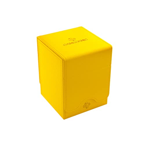 4251715412107 - SQUIRE 100+ XL CONVERTIBLE DECK BOX | CARD STORAGE BOX WITH REMOVABLE COVER CLIPS | HOLDS 100 DOUBLE-SLEEVED CARDS IN EXTRA THICK INNER CARD SLEEVES | YELLOW COLOR | MADE BY GAMEGENIC