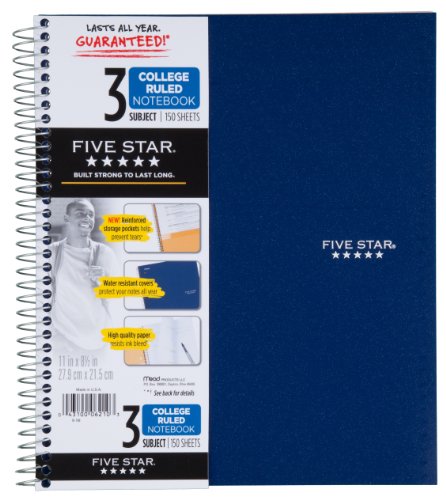 0043100063612 - FIVE STAR SPIRAL NOTEBOOK, 3 SUBJECT, 150 COLLEGE RULED SHEETS, 1 NOTEBOOK, ASSORTED COLORS