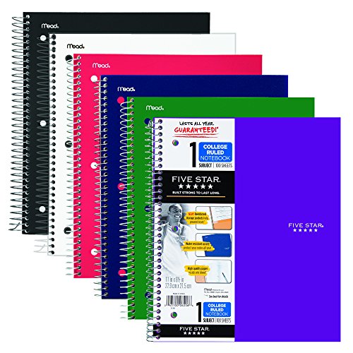 0043100380528 - FIVE STAR SPIRAL NOTEBOOKS, 1 SUBJECT, 100 COLLEGE RULED SHEETS, ASSORTED BASIC