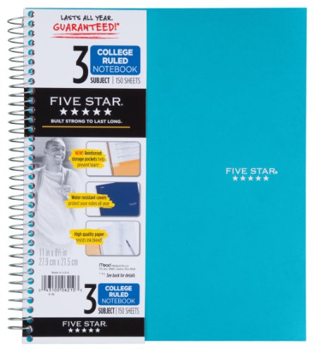 0043100724629 - FIVE STAR WIREBOUND NOTEBOOK, 3-SUBJECT, 150 COLLEGE-RULED SHEETS, 11 X 8.5 INCH