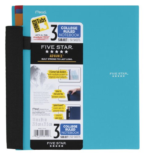 0043100724780 - FIVE STAR ADVANCE SPIRAL NOTEBOOK, 3-SUBJECT, 150 COLLEGE-RULED SHEETS, 11 X 8.5 INCH SHEET SIZE, TEAL