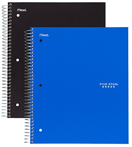 0043100730330 - FIVE STAR SPIRAL NOTEBOOK, 3 SUBJECT, 150 WIDE RULED SHEETS, BLACK AND COBALT BLUE, 2 PACK