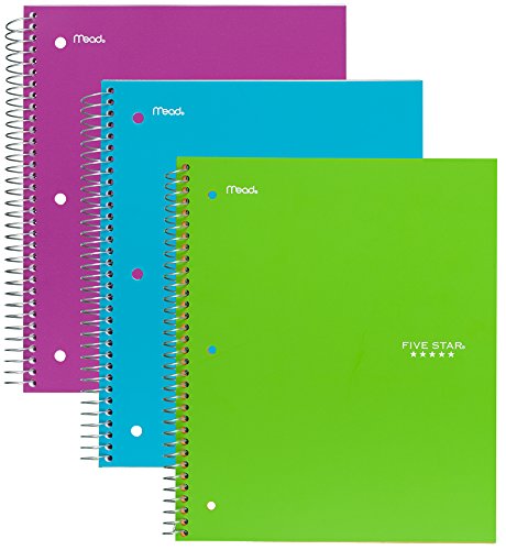 0043100730538 - FIVE STAR SPIRAL NOTEBOOK, 1 SUBJECT, 100 COLLEGE RULED SHEETS, TEAL, LIME, BERRY PINK/PURPLE, 3 PACK