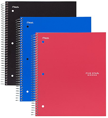 0043100730590 - FIVE STAR SPIRAL NOTEBOOK, 1 SUBJECT, 100 WIDE RULED SHEETS, BLACK, RED, COBALT BLUE, 3 PACK