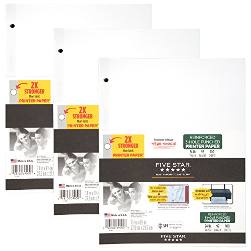 0043100730828 - FIVE STAR REINFORCED PRINTER PAPER, 3-HOLE PUNCHED, 100 SHEETS/PACK, 8.5 X 11 IN