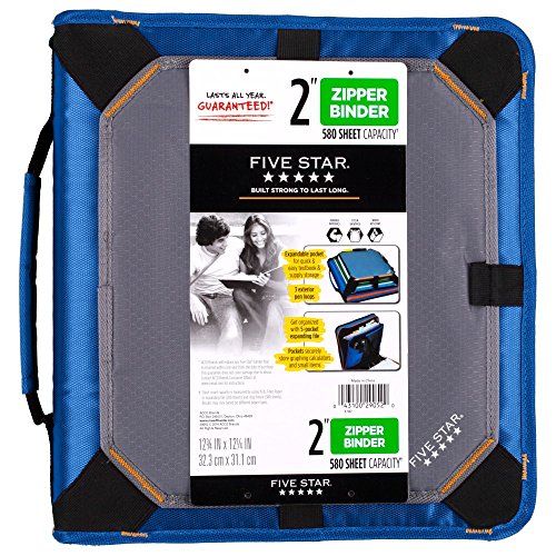 0043100732938 - FIVE STAR ZIPPER BINDER WITH EXPANSION PANEL, 3 RING BINDER, 2 INCH, BLUE (73293