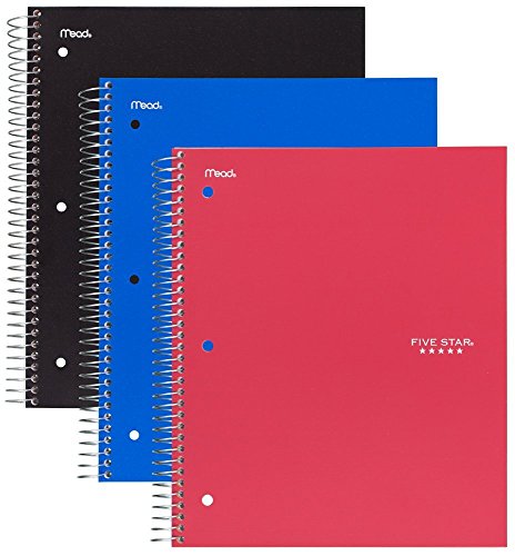 0043100733935 - FIVE STAR SPIRAL NOTEBOOK, 3 SUBJECT, 150 COLLEGE RULED SHEETS, BLACK, COBALT BLUE, RED, 3 PACK