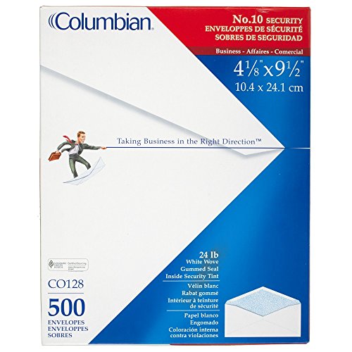 0043100755012 - COLUMBIAN #10 SECURITY TINTED ENVELOPES, 4-1/8 X 9-1/2 INCH, WHITE, 500 PER BOX (CO128)