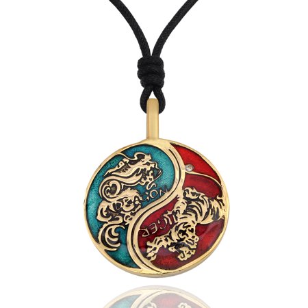 0432527472433 - BLUE & RED TIGER DRAGON YIN YANG HANDMADE BRASS NECKLACE PENDANT JEWELRY WITH COTTON CORD