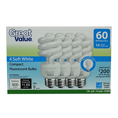 0043625231954 - GREAT VALUE 60W (14W) SOFT WHITE CFL LIGHT BULB (4-PACK) 9 YR LIFE