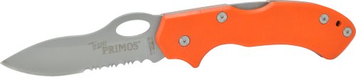 0044356208222 - SCHRADE SCPRIM8SO TEAM PRIMOS LOCKBACK FOLDING KNIFE WITH 40% SERRATED STAINLESS DROP POINT BLADE WITH THUMB HOLE AND ORANGE G-10 HANDLE WITH LANYARD HOLE