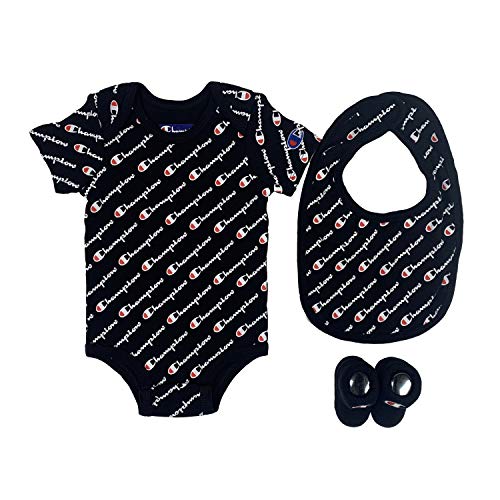 0045299096235 - CHAMPION BABY INFANT 3-PIECE BOX SET INCLUDES BODY SUIT, BIB AND BOOTIES, ALL OVER SCRIPT-BLACK 001, 0-6M