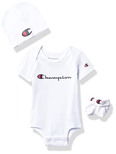 0045299101656 - CHAMPION BABY INFANT 3-PIECE BOX SET INCLUDES BODY SUIT, BIB OR HAT AND BOOTIES, CLASSICSCRIPT-WHITE 100, 0-6