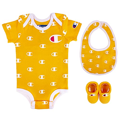 0045299107948 - CHAMPION BABY INFANT 3-PIECE BOX SET INCLUDES BODY SUIT, BIB OR HAT AND BOOTIES, ALL OVER C-GOLD 712, 0-6