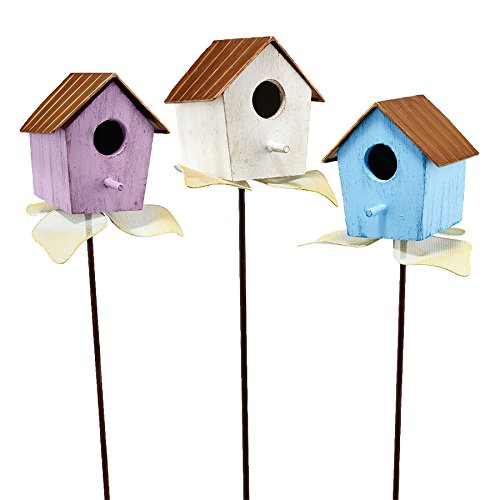 0045544762601 - BIRDHOUSE FLOWER STAKES SET OF 3 WOOD AND IRON YARD GARDEN DECOR DEPT 56 NEW