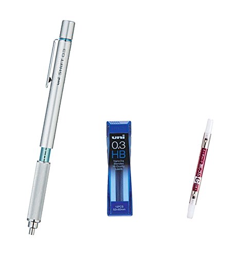 4560214925972 - UNI SHIFT PIPE LOCK DRAFTING PENCIL 0.3MM LIGHT BLUE ACCENT & STRENGTH & DEEP & SMOOTH UNI 0.3MM HB TOP QUALITY DIAMOND INFUSED LEADS & PENCIL ERASER FOR SHIFT (SET OF 5) VALUE SET