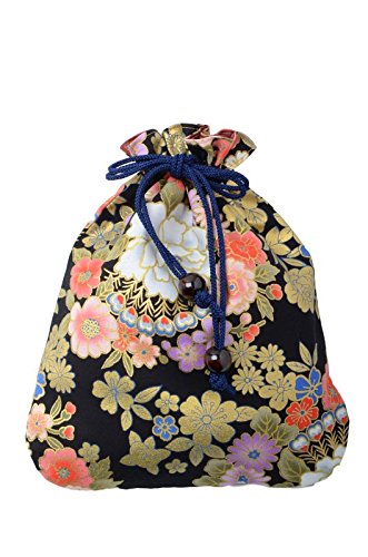 4573295021105 - SAKURA WOMENS TRADITIONAL JAPANESE PATTERN POUCH BAG (MADE IN JAPAN) KINCHAKU POUCH-124 BLACK