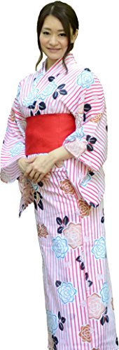 4573295021143 - SAKURA WOMEN TRADITIONAL JAPANESE YUKATA KIMONO WITH FLAT OBI BELT SET / WHITE AND LINGT RED STRIP AND ROSE PATTERN