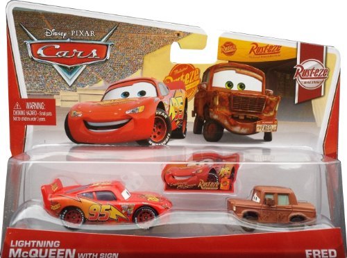 4573296288460 - DISNEY/PIXAR CARS, RUST-EZE RACING DIE-CAST, LIGHTNING MCQUEEN WITH SIGN AND FRED #5,6/8, 1:55 SCALE