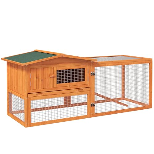 0045791228776 - KOZYSFLER RABBIT HUTCH 2-STORY BUNNY CAGE SMALL ANIMAL HOUSE WITH SLIDE OUT TRAY, DETACHABLE RUN, FOR INDOOR OUTDOOR, 61.5 X 23 X 27, ORANGE