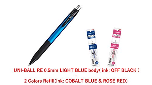 4580405830908 - \2017 NEW/ UNI ERASABLE GEL INK PEN UNI-BALL RE 0.5MM, LIGHT BLUE BODY (OFF BLACK INK) + 2 COLORS(COBALT BLUE & ROSE RED INK) SET (UNI+JEINDEER JAPAN ORIGINAL PACKAGE) /TOTAL 1 PEN & 3 REFILLS