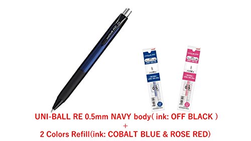 4580405830915 - \2017 NEW/ UNI ERASABLE GEL INK PEN UNI-BALL RE 0.5MM, NAVY BODY (OFF BLACK INK) + 2 REFILLS(COBALT BLUE & ROSE RED INK) SET (UNI+JEINDEER JAPAN ORIGINAL PACKAGE) /TOTAL 1 PEN & 2 REFILLS