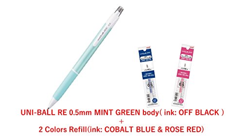 4580405830953 - \2017 NEW/ UNI ERASABLE GEL INK PEN UNI-BALL RE 0.5MM, MINT GREEN BODY (OFF BLACK INK) + 2 REFILLS(COBALT BLUE & ROSE RED INK) SET (UNI+JEINDEER JAPAN ORIGINAL PACKAGE) /TOTAL 1 PEN & 2 REFILLS