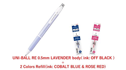 4580405830977 - \2017 NEW/ UNI ERASABLE GEL INK PEN UNI-BALL RE 0.5MM, LAVENDER BODY (OFF BLACK INK) + 2 REFILLS(COBALT BLUE & ROSE RED INK) SET (UNI+JEINDEER JAPAN ORIGINAL PACKAGE) /TOTAL 1 PEN & 2 REFILLS