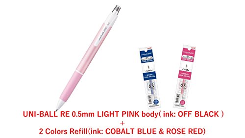 4580405830984 - /2017 NEW/ UNI ERASABLE GEL INK PEN UNI-BALL RE 0.5MM, LIGHT PINK BODY (OFF BLACK INK) + 2 REFILLS(COBALT BLUE & ROSE RED INK) SET (UNI+JEINDEER JAPAN ORIGINAL PACKAGE) /TOTAL 1 PEN & 2 REFILLS