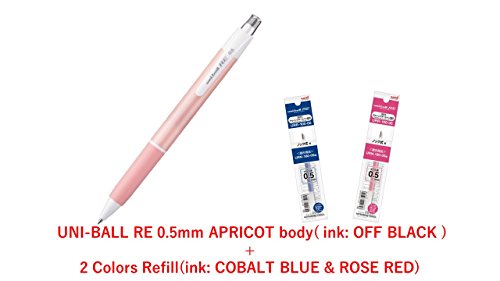 4580405830991 - \2017 NEW/ UNI ERASABLE GEL INK PEN UNI-BALL RE 0.5MM, APRICOT BODY (OFF BLACK INK) + 2 REFILLS(COBALT BLUE & ROSE RED INK) SET (UNI+JEINDEER JAPAN ORIGINAL PACKAGE) /TOTAL 1 PEN & 2 REFILLS