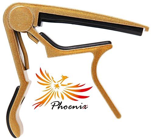 4589958531003 - PHOENIX ONE TOUCH GUITAR CAPO, GUITAR MAINTENANCE FIBER CLOTH, AND MAKER'S GUARANTEE: THREE ITEM SET! (FOR USE WITH FOLK , ELECTRIC , CLASSIC , ACOUSTIC GUITARS) ~ GORGEOUS GOLD ~