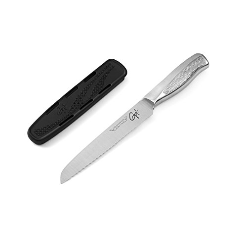 0045908053956 - GUY FIERI SIGNATURE STAINLESS STEEL SERRATED UTILITY KNIFE WITH SHEATH (5-1/2-INCH, BLACK)
