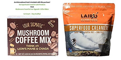 0045923399213 - FOUR SIGMATIC MUSHROOM COFFEE MIX WITH LIONS MANE AND CHAGA BOX OF 10 PACKETS AND LAIRD SUPERFOOD ORIGINAL NON DAIRY CREAMER 16 OUNCES PLUS SUPER FOOD INFORMATION SHEET