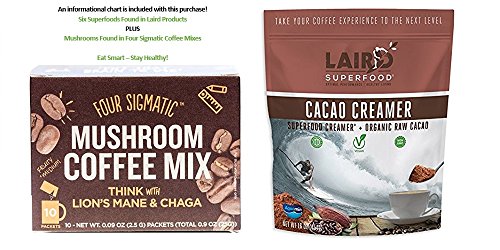 0045923399220 - FOUR SIGMATIC MUSHROOM COFFEE MIX WITH LIONS MANE AND CHAGA BOX OF 10 PACKETS AND LAIRD SUPERFOOD ORGANIC RAW CACAO CREAMER 16 OUNCES PLUS SUPER FOOD INFORMATION SHEET