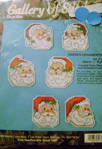 0046109334042 - BUCILLA GALLERY OF STITCHES 1994 SANTAS ORNAMENTS COUNTED CROSS STITCH KIT ON PLASTIC CANVAS SET OF 6