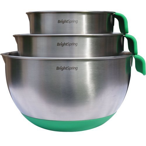 4614405716914 - BRIGHTSPRING MIXING BOWLS - 3-PIECE STAINLESS STEEL SET - RUBBER BOTTOM, MEASUREMENTS, HANDLE & SPOUT - RECIPE EBOOK