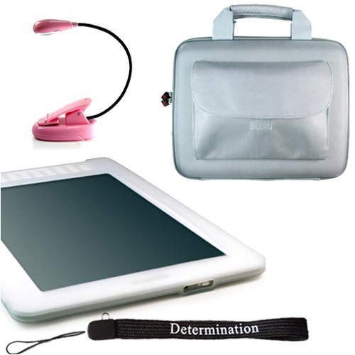 0046594003997 - AMAZON KINDLE DX COMBO: SEMI TRANSPARENT WHITE SILICON SKIN WITH GRAY SILVER KROO CUBE TRAVEL CARRYING POUCH CASE WITH SIDE POCKET + INCLUDES A 4-INCH DETERMINATION HAND STRAP STRAP AND A PINK 2LED ULTRAFLEX E-READER MIGHTY LIGHT