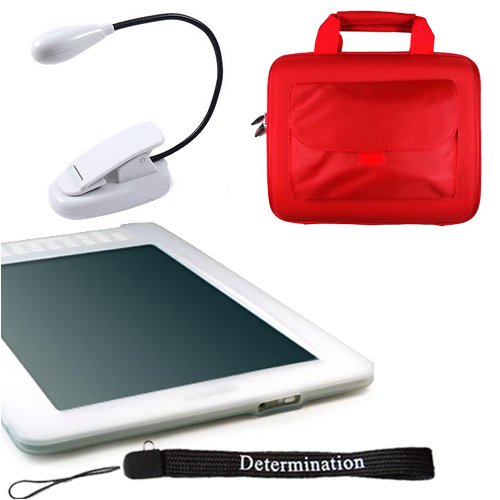 0046594007957 - AMAZON KINDLE DX COMBO: SEMI TRANSPARENT WHITE SILICON SKIN WITH RED KROO CUBE TRAVEL CARRYING POUCH CASE WITH SIDE POCKET + INCLUDES A 4-INCH DETERMINATION HAND STRAP AND 2LED ULTRAFLEX2 E-READER MIGHT LIGHT