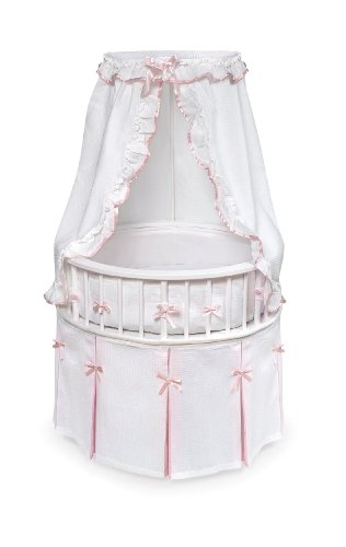 0466051883618 - BADGER BASKET ELEGANCE ROUND BABY BASSINET, WHITE WITH WHITE WAFFLE AND PINK TRIM