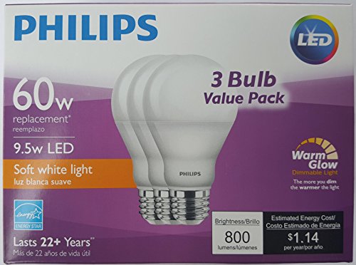 0046677459031 - PHILIPS 60 WATT EQUIVALENT 9.5 WATTS A19 LED LIGHT BULB, DIMMABLE, WARM GLOW, SUITABLE FOR DAMP LOCATIONS, 3-PACK