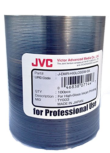 0046838071447 - JVC/TAIYO YUDEN 4.7GB 16X HIGH GLOSS WHITE INKJET HUB PRINTABLE DVD-R - 100-DISC PACK - JDMR-HIGLOSSW-SK