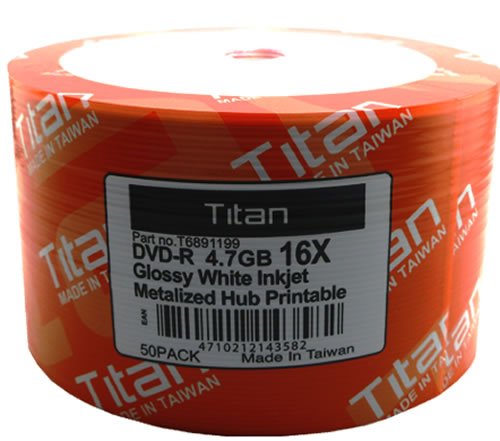 4710212143582 - TITAN (T6891199) 16X DVD-R GLOSSY WHITE INKJET HUB PRINTABLE MEDIA - 50 PACK