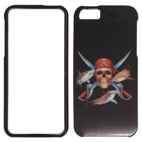 4714727751959 - APPLE IPHONE 5 - PIRATE SKULL SWORDS AND FISH ON BLACK PLASTIC CASE, SNAPON, PROTECTOR, COVER