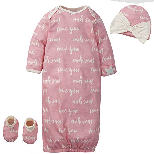 0047213256459 - GERBER BABY GIRLS ORGANIC 3-PIECE GIFT SET GOWN WITH CAP AND BOOTIES, PINK LOVE YOU, 0-6 MONTHS