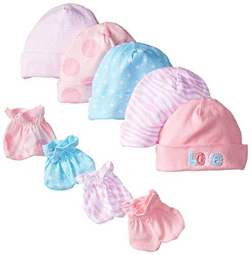 0047213800645 - GERBER BABY NEWBORN 5 PACK CAPS AND 4 PACK MITTEN BUNDLE LOVE FOR GIRLS, PINK, 0-6 MONTHS