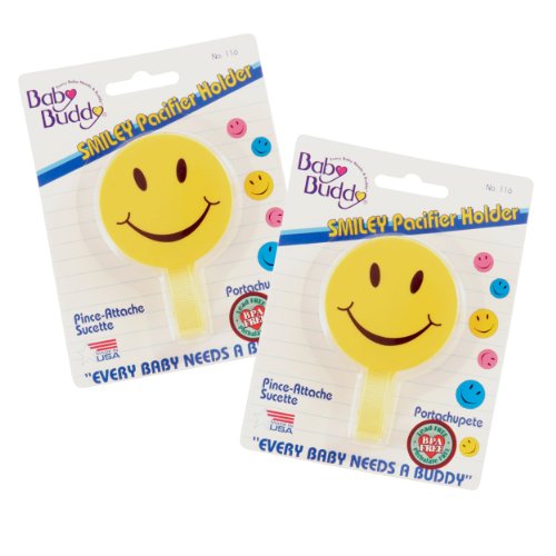 0047414021184 - BABY BUDDY 2 PIECE SMILEY PACIFIER HOLDER FOR BOYS & GIRLS, YELLOW, 4 MONTHS AND UP