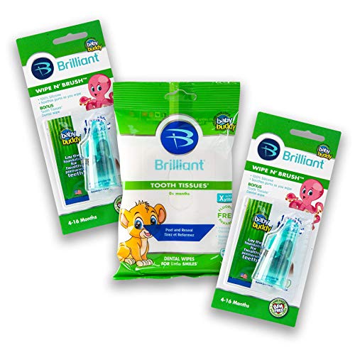 0047414035884 - BRILLIANT WIPE-N-BRUSH - SILICONE FINGER TOOTHBRUSH & 30 XYLITOL TOOTH TISSUES FOR BABIES AND TODDLERS, KIDS LOVE THEM, GREEN, 2 COUNT