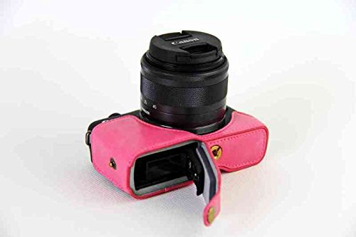 4742270256140 - ROSE-RED - LEATHER HALF CASE BAG GRIP TO CANON EOS M10 CAMERA BLACK BROWN COFFEE PINK WHITE