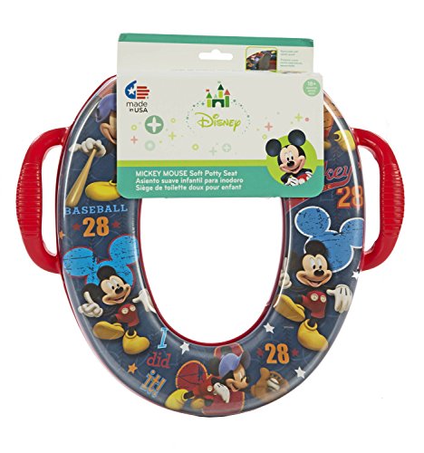 0047968565011 - DISNEY MICKEY MOUSE POTTY SEAT - PADDED, SOFT, AND DURABLE - FOR REGULAR AND ELONGATED TOILETS - REMOVABLE CUSHION FOR EASY CLEANING - FIRM GRIP HANDLES - BLUE AND RED